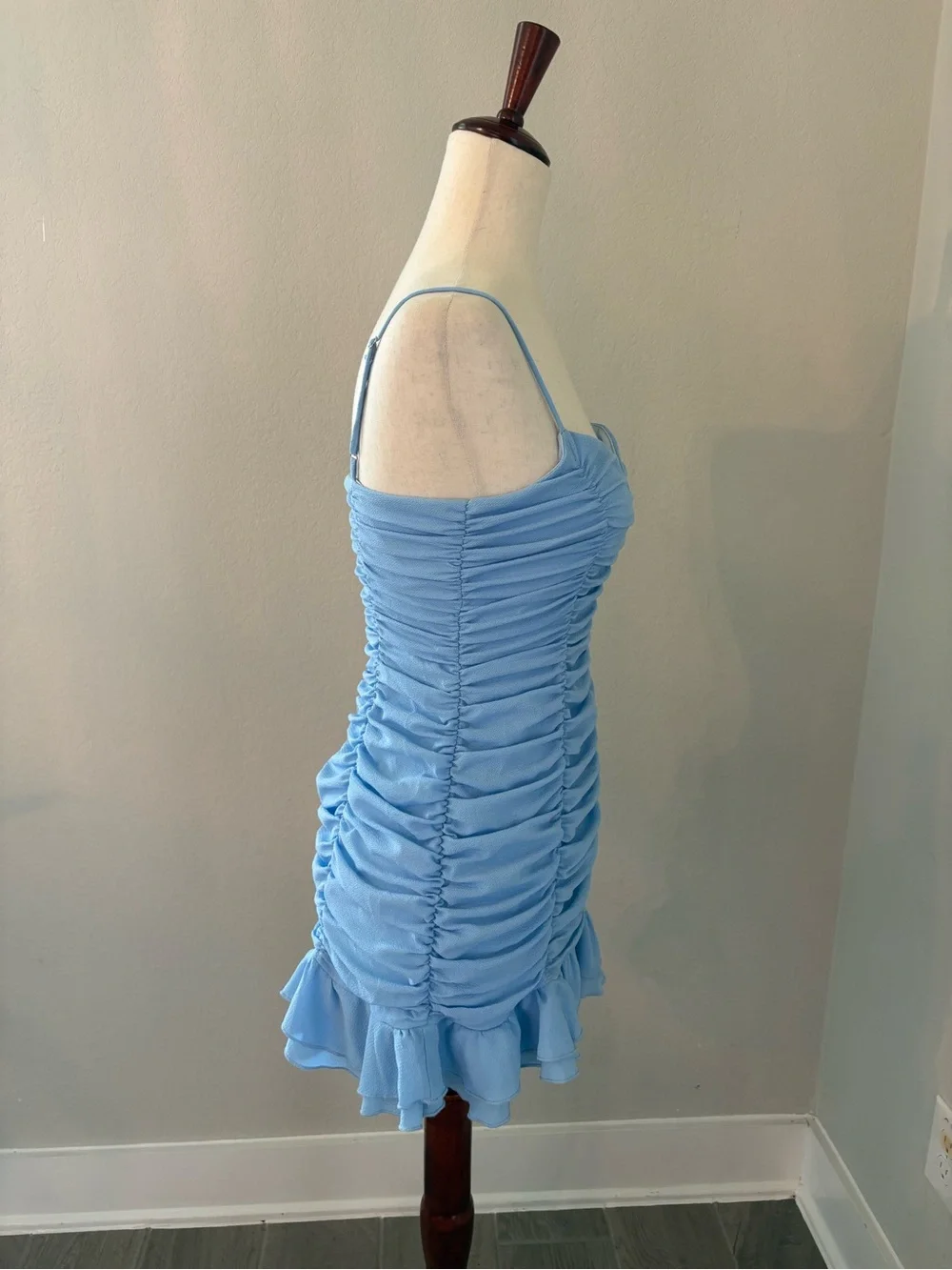 Lucy in the Sky Powder Blue Ruched Mini Ruffle Dress Medium Hoco Party Bodycon - Picture 3 of 8